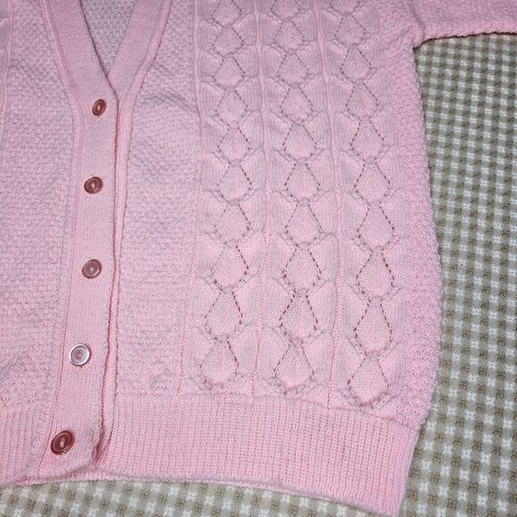 Cuddle Knit Wintuk Pink V Neck Button Up Open Knit Cardigan Sweater Vintage 60s - Picture 5 of 10
